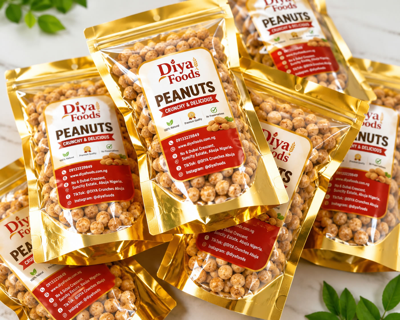 Odiya Foods peanut burger, coated peanuts in gold resealable packs